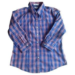 L.L. Bean Wrinkle-Free Navy & Red Striped Plaid Button Down Blouse | Size Medium